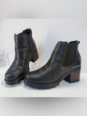 Pegada Black Leather pull on Chelsea Block Heel Ankle Boots women’s size 9